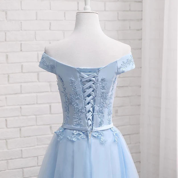 Luolandi Beautiful Light Blue Off Shoulder Tulle Party Dress Homecoming Dress with Appliques
